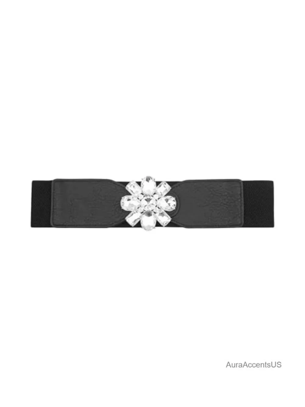 Stretch Belt with Rhinestone Flower Snap Clasp Closure